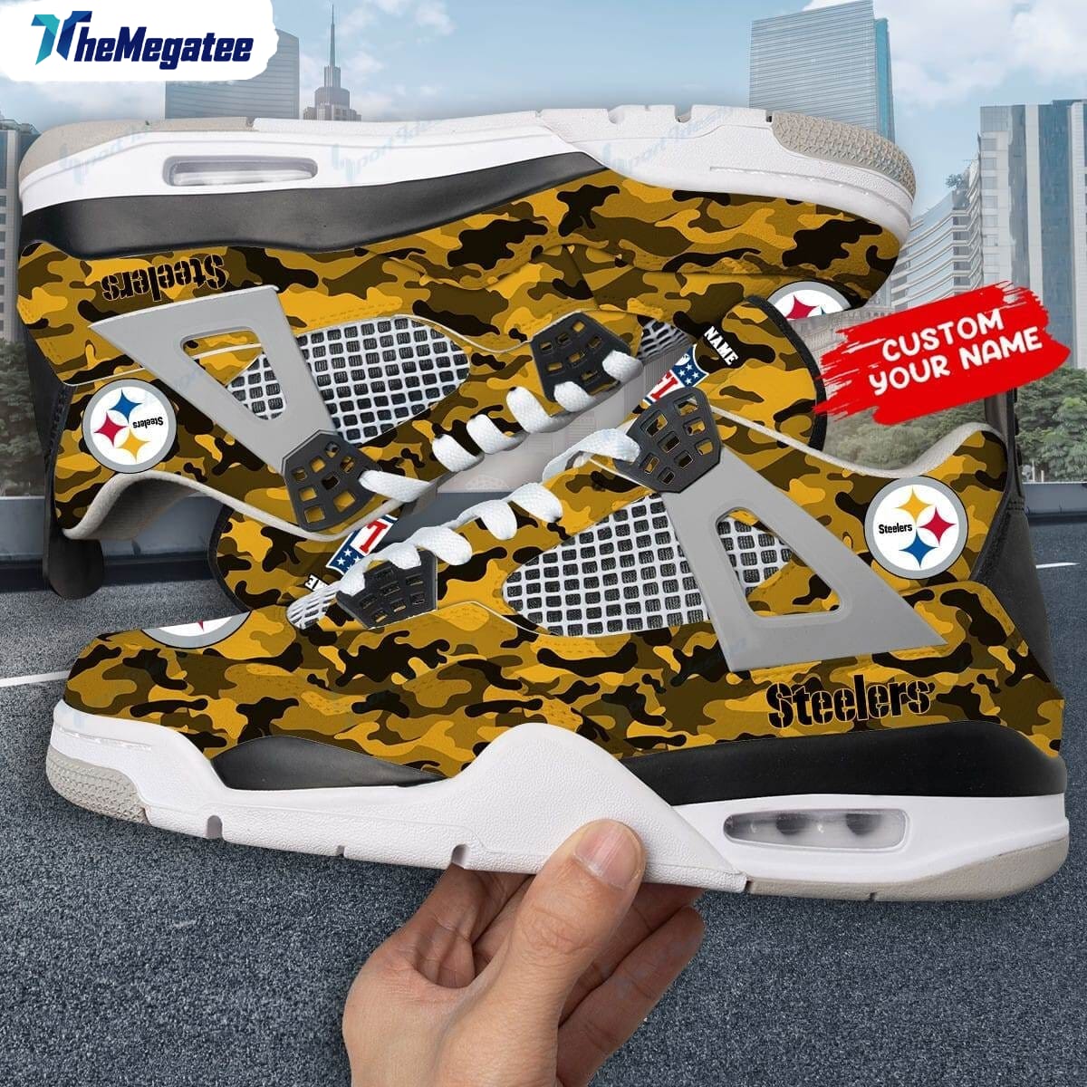 Pittsburgh Steelers Ink Splash Personalized Air Jordan 4 Sneaker 